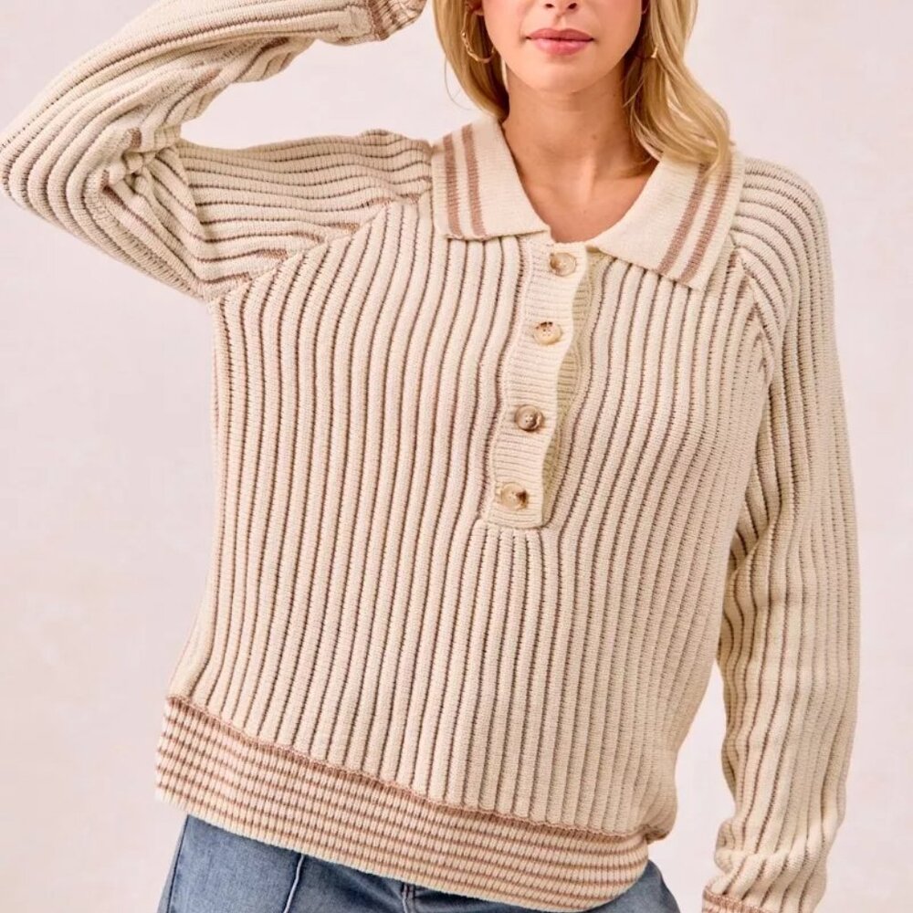 BiBi‎ Half Button Ribbed Two Tone Sweater - Picture 9 of 16